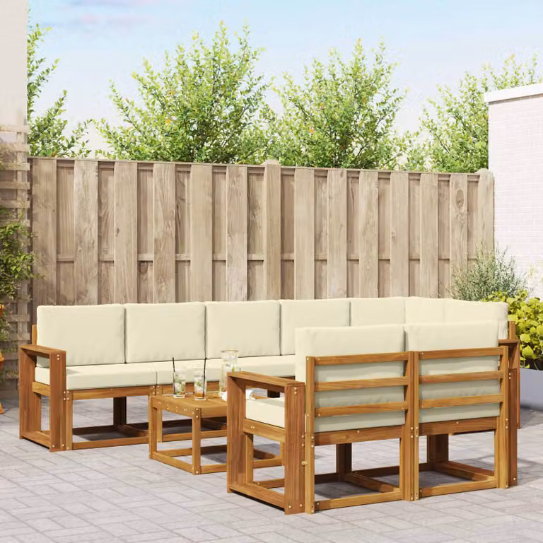 Set di divani da esterno vidaXL 9 pz in legno di acacia con tavolo da caffè e cuscini, beige e bianco
