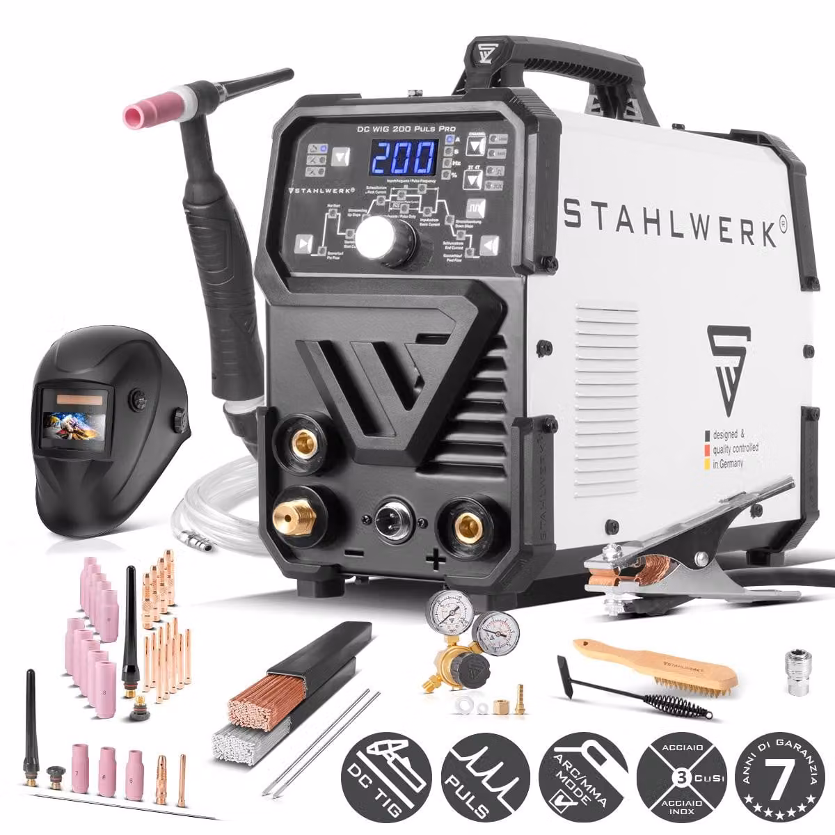 STAHLWERK saldatrice ad arco schermato a gas 2 in 1 Combi DC TIG 200 Puls Pro - completamente equipaggiata - TIG e MMA fino a 200 A, lamiere sottili, acciaio, acciaio inox, rame, ottone