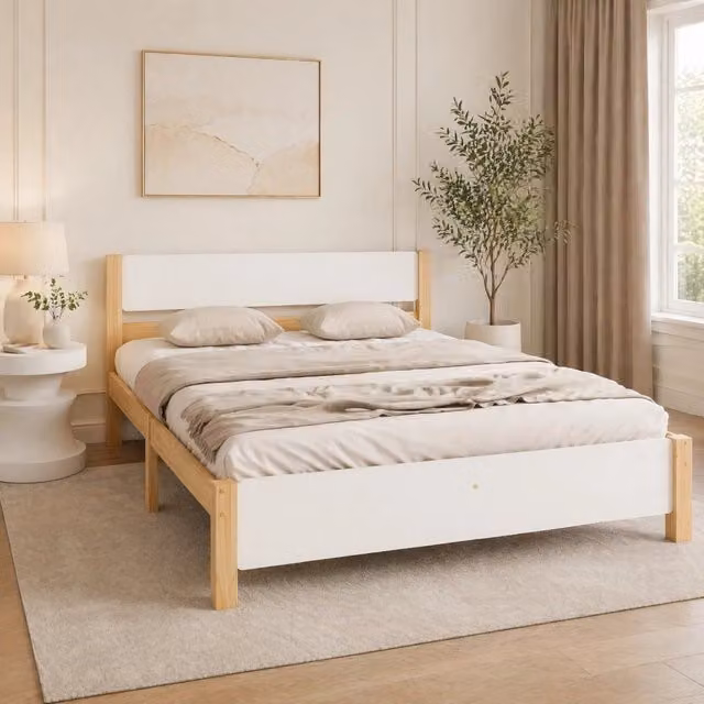 Letto matrimoniale 140x200 cm in pino e MDF bianco/naturale con 15 doghe