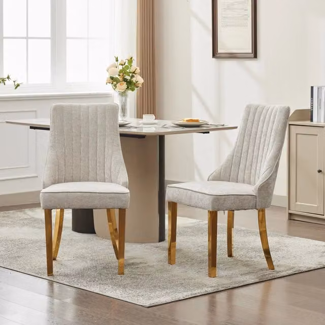 Set di 2 Sedie da Pranzo Minimal Imbottite in Velluto Beige con Gambe Dorate