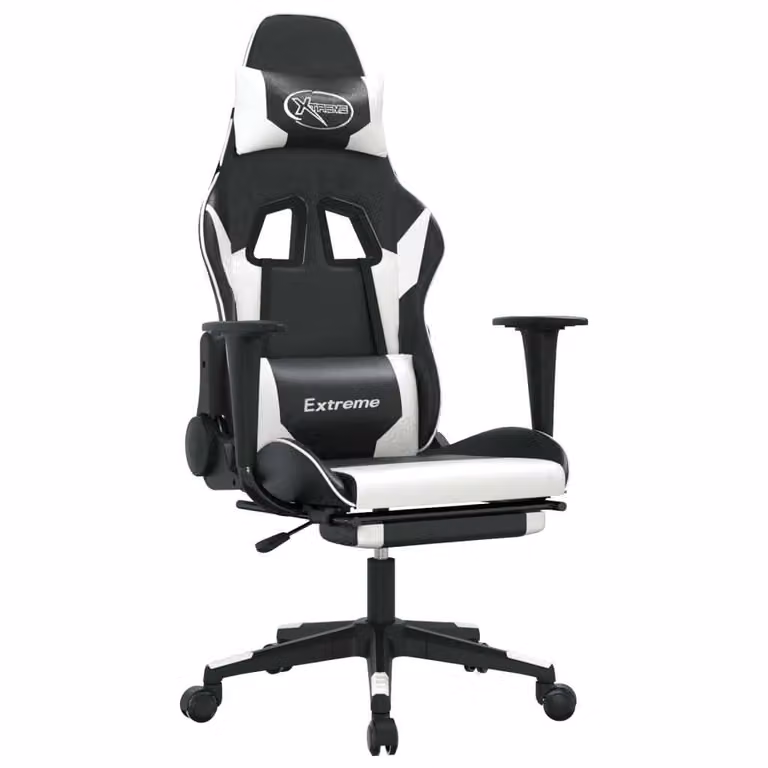 Sedia Gaming Massaggiante Poggiapiedi Nero e Bianco Pelle finta
