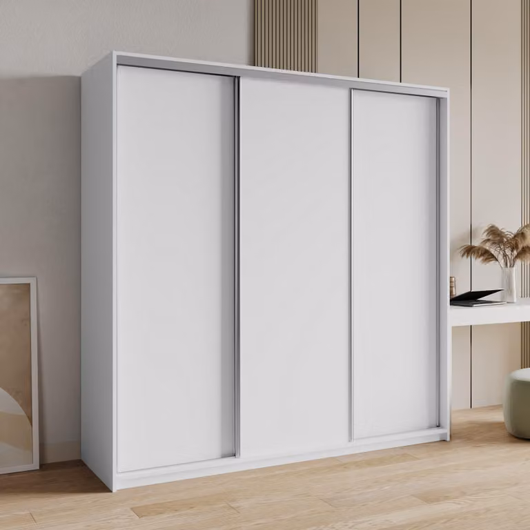 Armadio scorrevole Masseno NISSE 180/205/60 cm Armadio con 4 cassetti Armadio per camera da letto a 3 ante Bianco