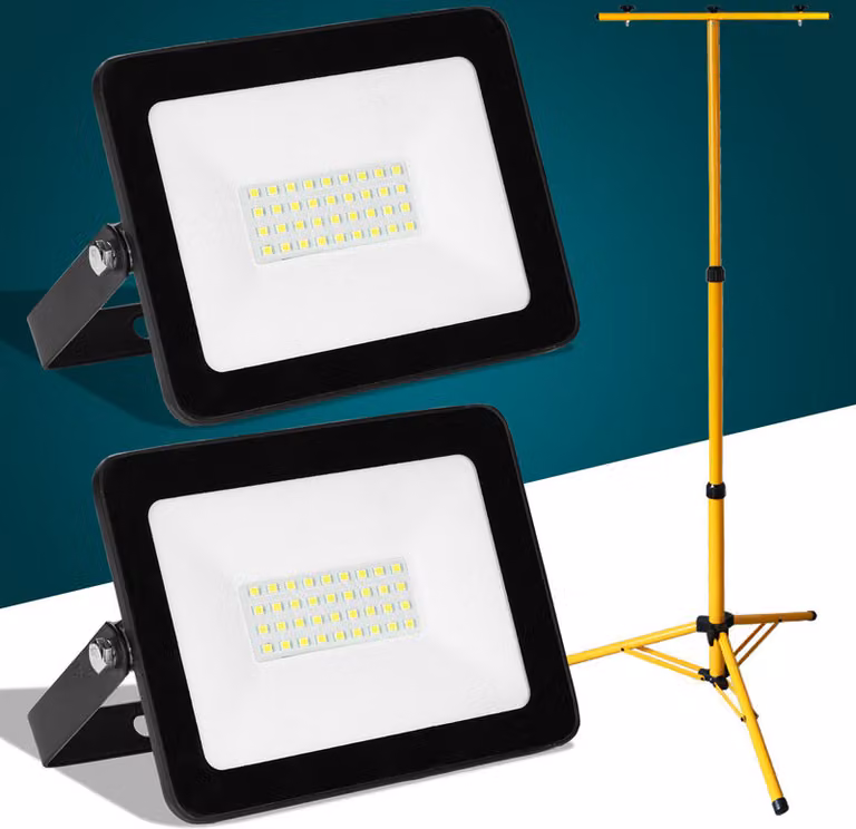 Jayseuw 2x 30W LED proiettore da costruzione Proiettore da treppiede Proiettore da esterno Luce da lavoro Proiettore da costruzione IP66 Impermeabile Bianco freddo