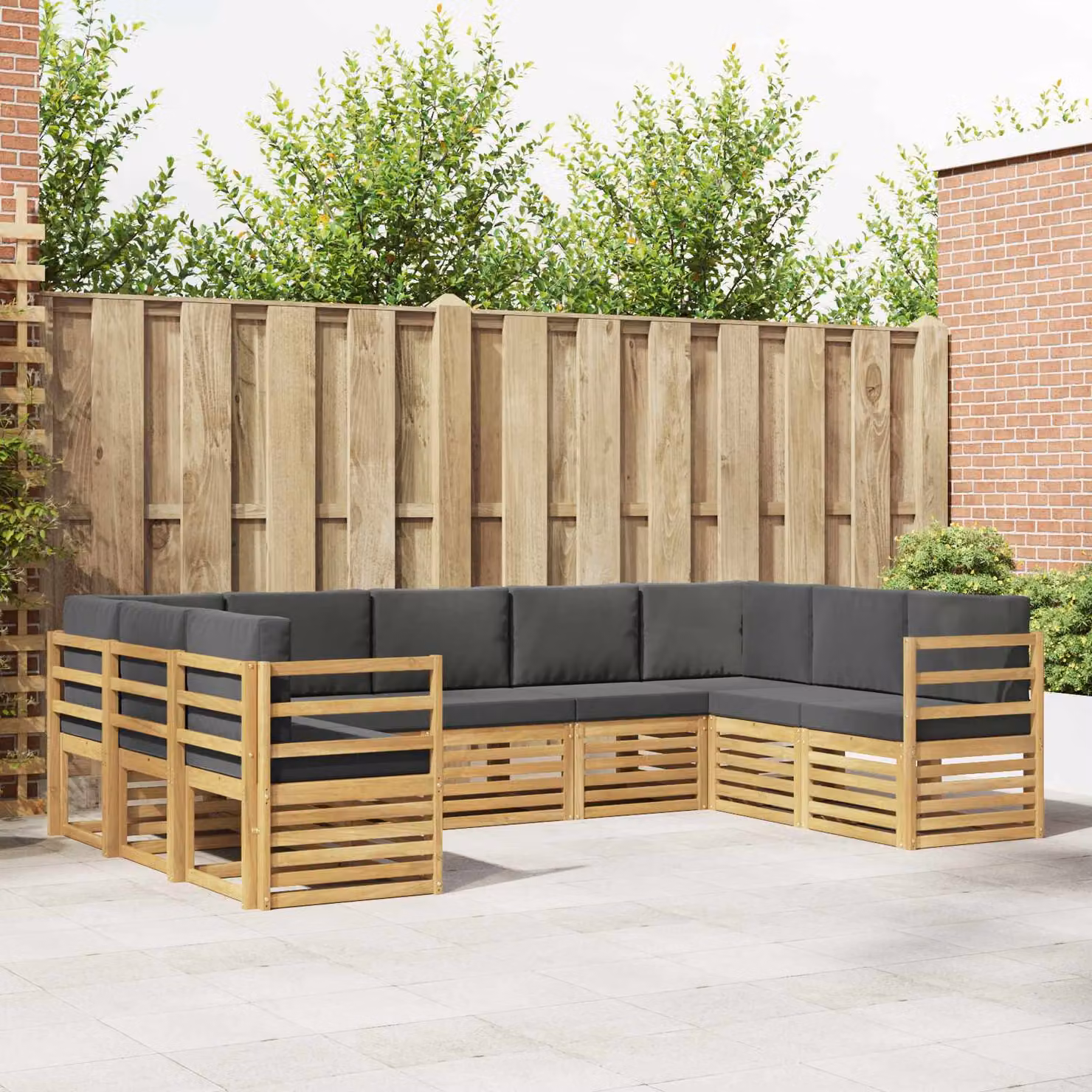 Set di divani da esterno a L vidaXL in legno di acacia con cuscini, Bianco e Antracite