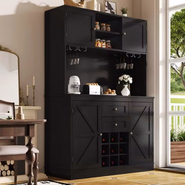 Armadio da cucina con scaffali regolabili e cantinetta - Zephmum- 4 ante, 2 cassetti, nero