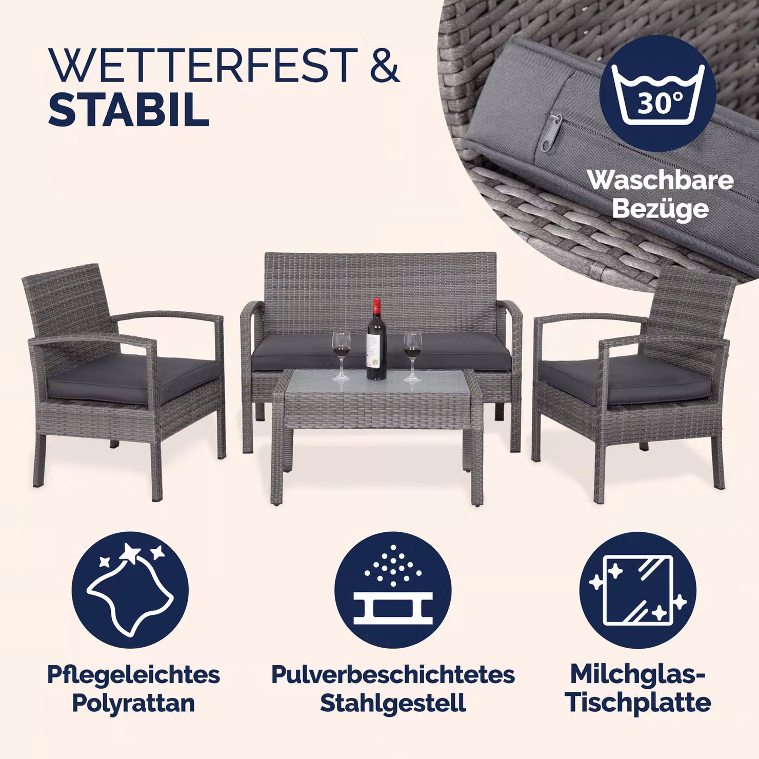 Set da giardino Casaria composto da 4 pezzi in polyrattan e vetro, colore grigio antracite – 2