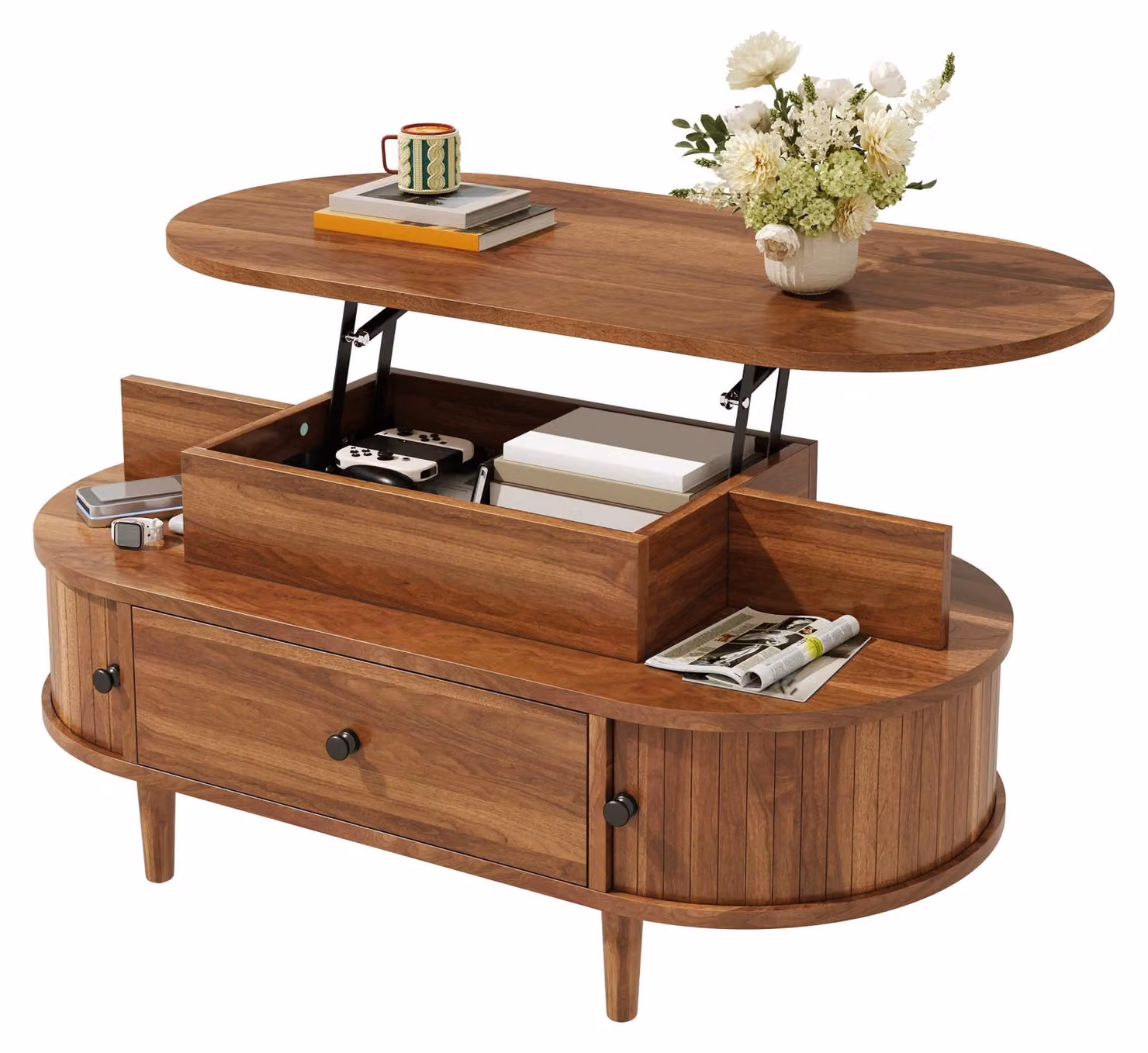 Tavolino Moonbite con piano sollevabile, 105 cm, tavolino da soggiorno con spazio contenitivo nascosto, cassetto e 2 ante scorrevoli, piano in MDF, finitura noce
