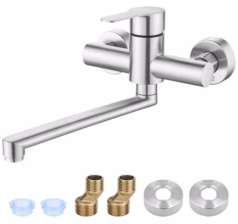 Miscelatore monocomando da parete, acciaio inossidabile, rotazione a 360°, con bocca girevole, per acqua fredda/calda, altezza 225 mm, finitura spazzolata