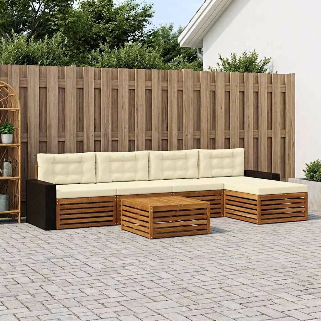 Set di divani da esterno vidaXL 6 pz a forma di L in legno di acacia con pouf e tavolino, colori beige, bianco e marrone