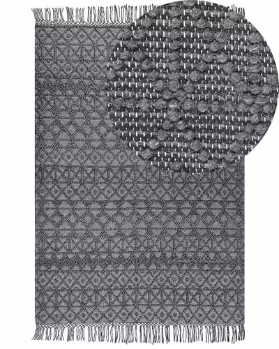 Tappeto Boho in lana con motivo geometrico e nappe 160 x 230 cm Nero