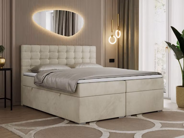 Letto boxspring 120x200 con contenitore, letto 120x200 con materasso e coprimaterasso - SUSAN - 120x200 - Beige - Velvet - H4