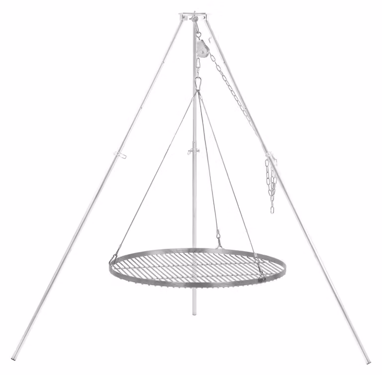 Griglia a treppiede BBQ-Toro con piano cottura di Ø 70 cm, realizzata in ferro zincato, con altezza regolabile da 119 a 184 cm