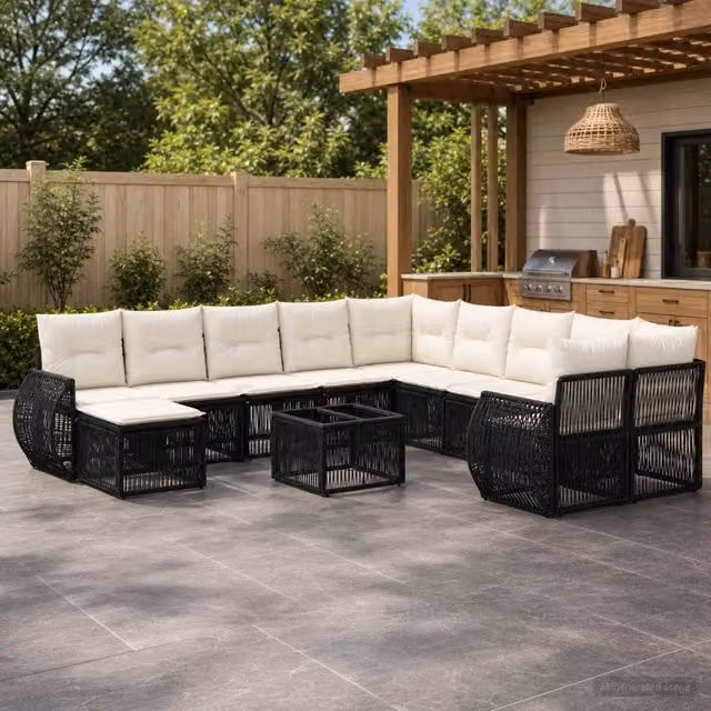 Set Divano da Giardino a Forma a U vidaXL Nero con Cuscini e Tavolino in Polyrattan e Metallo