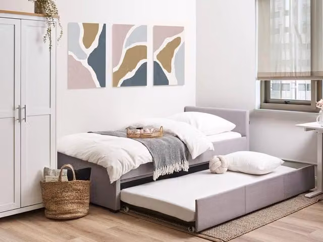 Divano Letto Beliani Singolo con Sottoletto Contenitore in Tessuto Grigio L/P/H: 214 x 90 x 130 cm