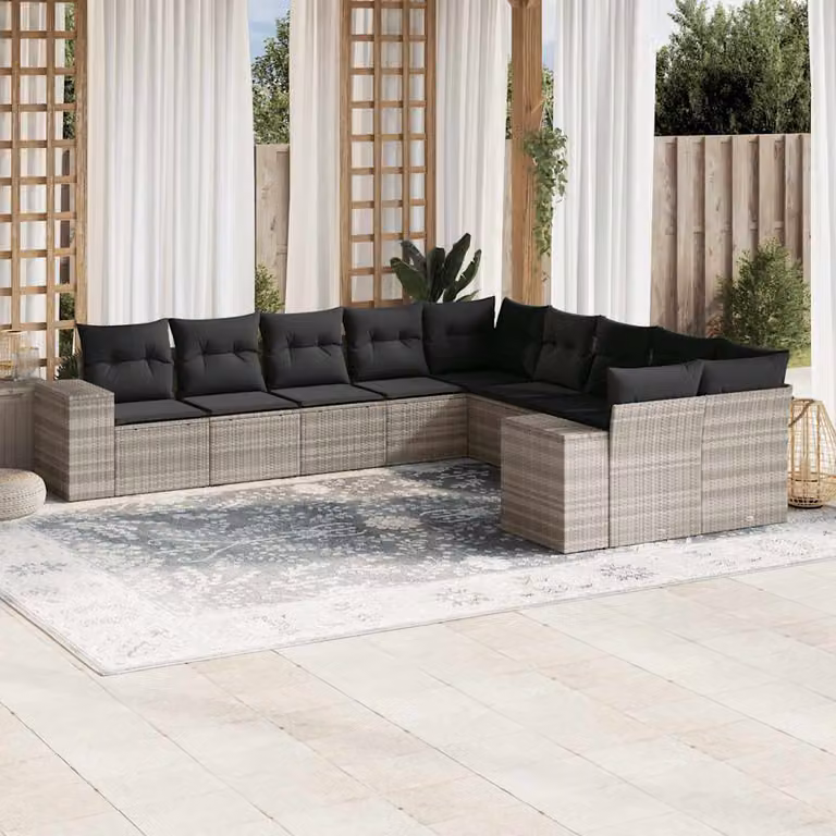 Set Divano da Giardino vidaXL a Forma a L con 10 Pezzi e Cuscini Grigio Chiaro in Polyrattan e Metallo