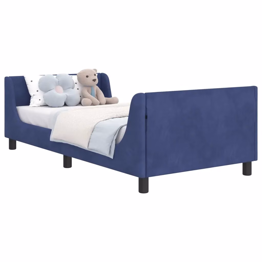 Struttura letto per bambini con testata e giroletto in velluto blu, design moderno, L/P/H: 90 x 200 x 96 cm – 2