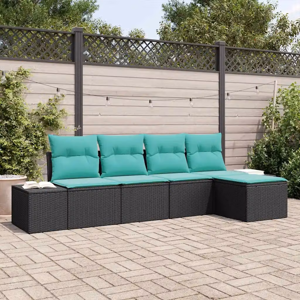 Set Divano da Giardino 5 pz vidaXL in Polyrattan con Cuscini Nero e Turchese