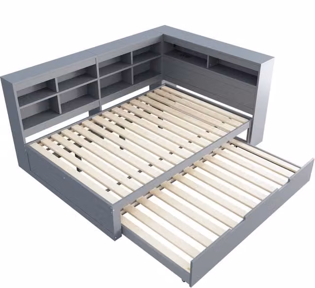Divano letto multifunzionale in legno massiccio 140x200 cm con letto estraibile 90x190 cm, USB integrata, ripiani, colore grigio