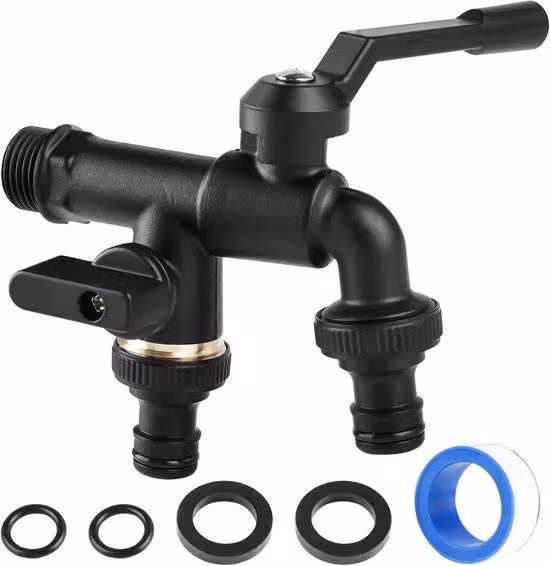 Raccordo doppio per tubo esterno da 1/2" - per giardino, lavatrice - ottone - nero