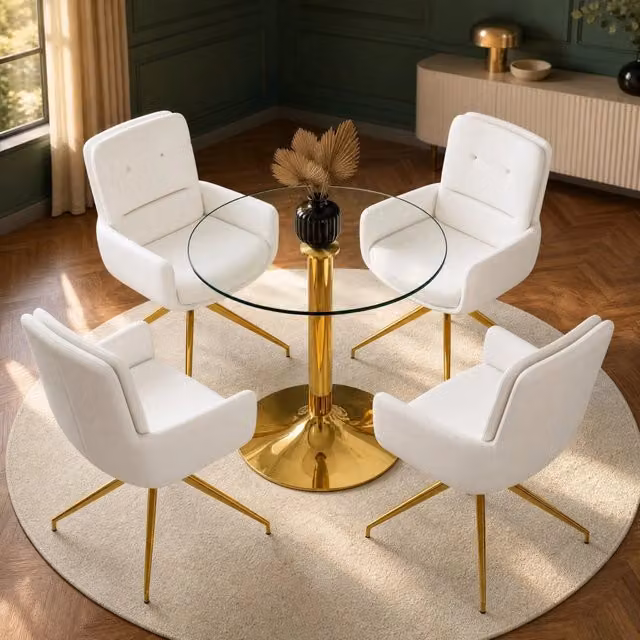 Set da Pranzo con Tavolo Rotondo in Vetro Temperato Ø 85 cm e 4 Sedie Girevoli in PU Bianco e Oro
