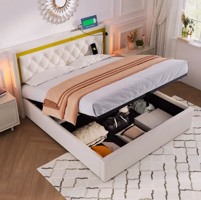Letto matrimoniale imbottito con contenitore; LED; USB e Type-C 140x200 cm; beige chiaro