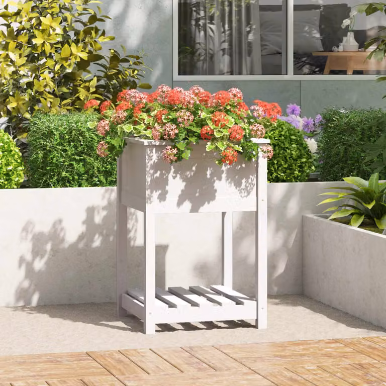 vidaXL Fioriera rialzata con mensola in legno di pino bianco L/P/H: 54 x 54 x 81 cm