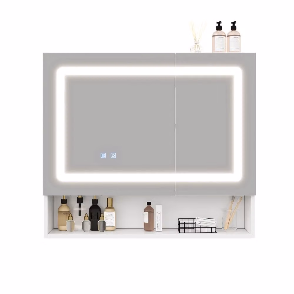 Armadietto specchio bagno Minimal bianco con doppia anta, LED e funzione anti-appannamento, L: 80 cm, P: 17 cm, H: 70 cm – 2