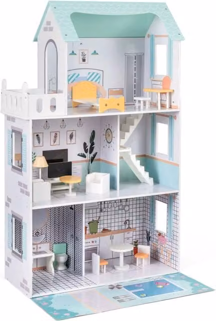 Casa bambole in legno DESIGN IN verde con 17 pezzi di mobili e accessori per il gioco creativo