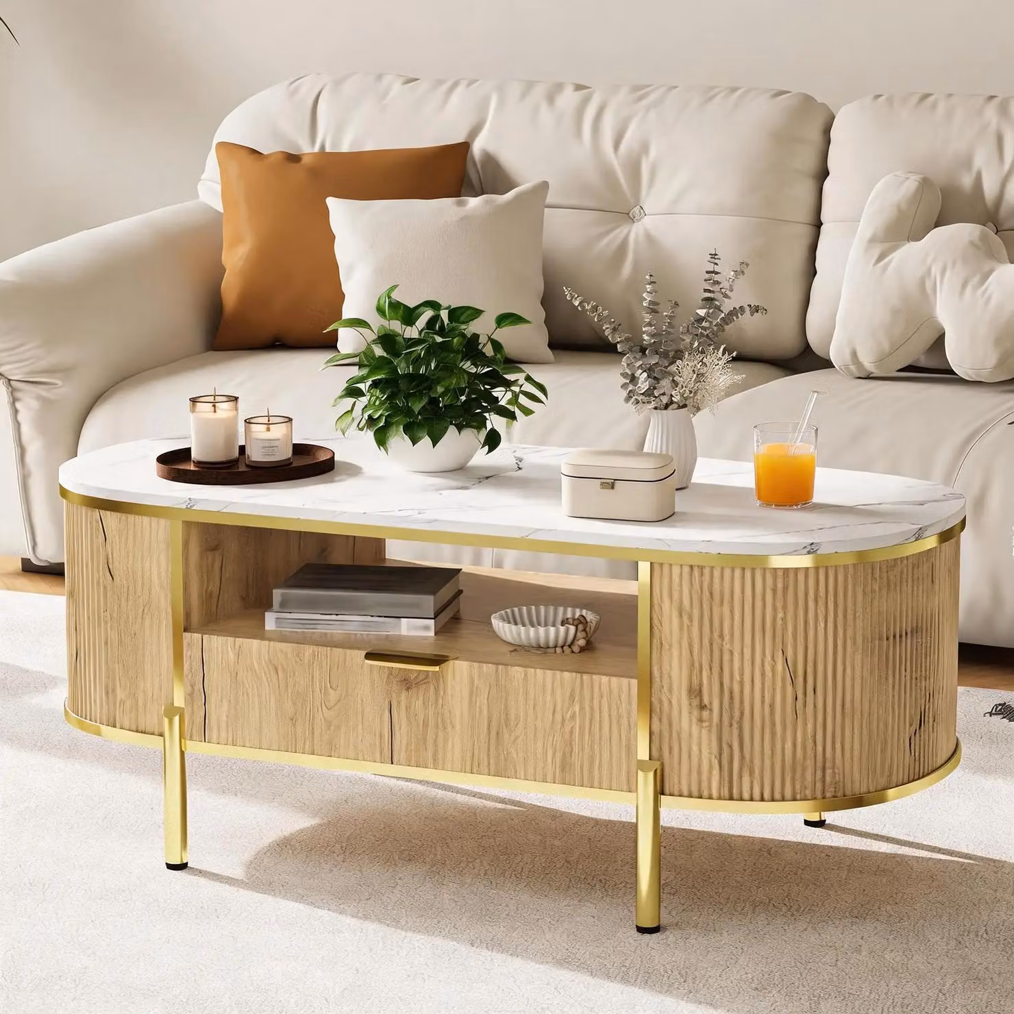 Tavolino ovale con superficie scanalata - Tavolino da salotto a 2 piani - Circa 120 cm di lunghezza - Con vano portaoggetti - Stile Mid-Century Modern - Salvaspazio - Aspetto in legno