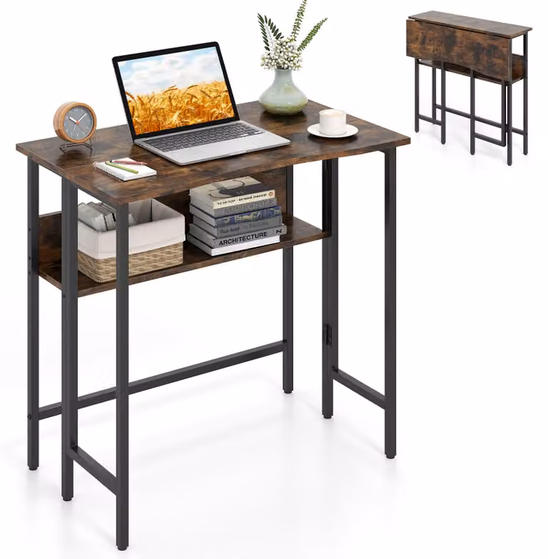 Scrivania pieghevole COSTWAY con cassetto, struttura in metallo, sistema di sicurezza anticaduta e piedini regolabili, scrivania per computer, scrivania da lavoro, dimensioni 80x47x76 cm