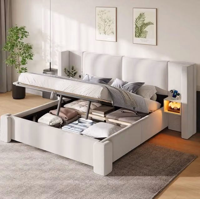 Letto matrimoniale contenitore 180x200 cm in lino beige con LED e comodini HAVRYA