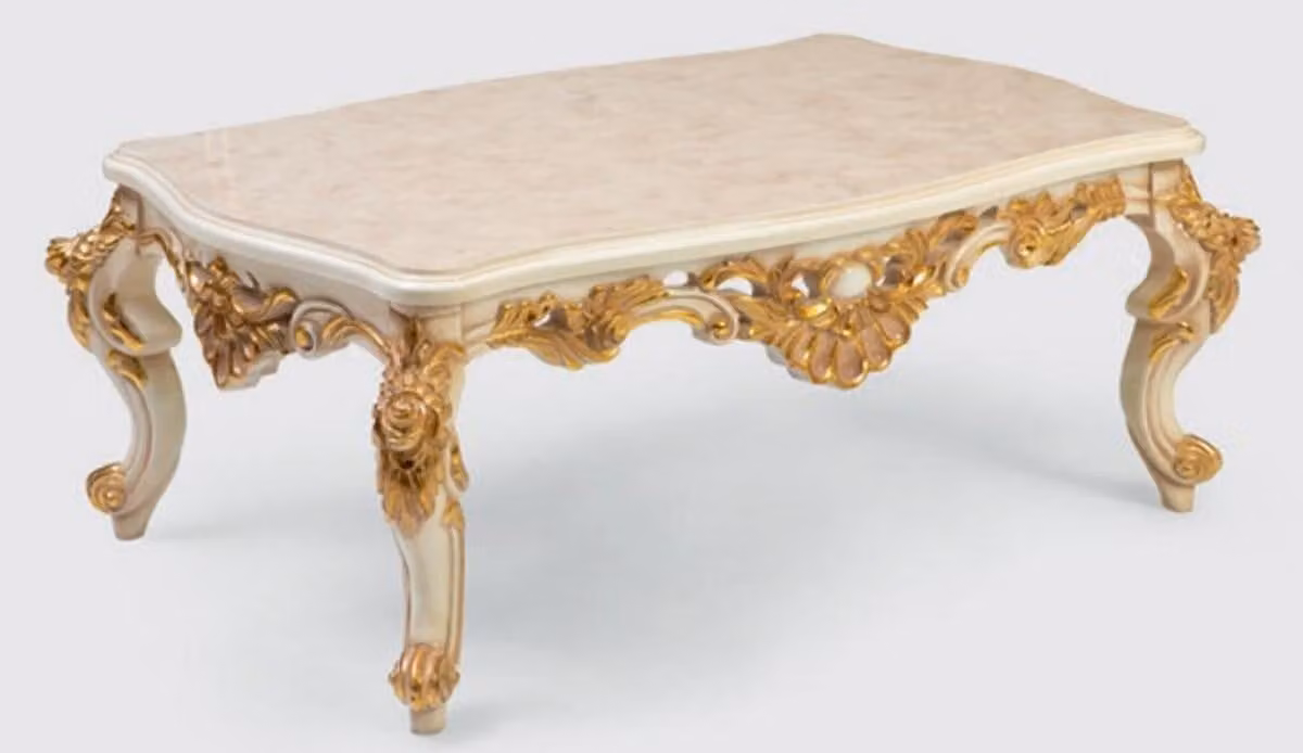 Casa Padrino tavolo da salotto barocco crema / bianco / oro 140 x 90 x h. 55 cm - Nobile tavolino in legno massiccio in stile barocco - Mobili da salotto barocchi