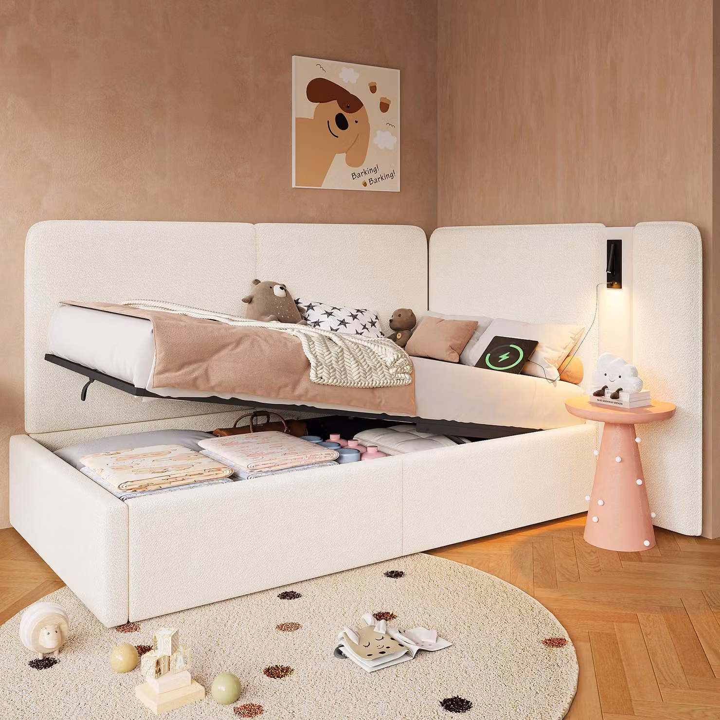 MODFU Divano letto singolo 90x200 con vano contenitore idraulico, lettino per bambini con presa di ricarica USB, letto imbottito con lampada da lettura, senza materasso, beige