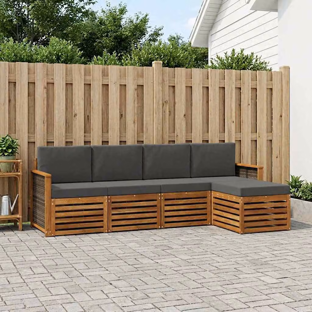 Set di divani da esterno vidaXL a forma di L in legno di acacia con pouf e cuscini, colore Antracite e Marrone