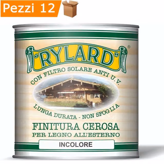 Multipack da 12 pezzi di finitura cerosa Rylard incolore per legno con protezione UV e idrorepellente, 0,75 l per confezione