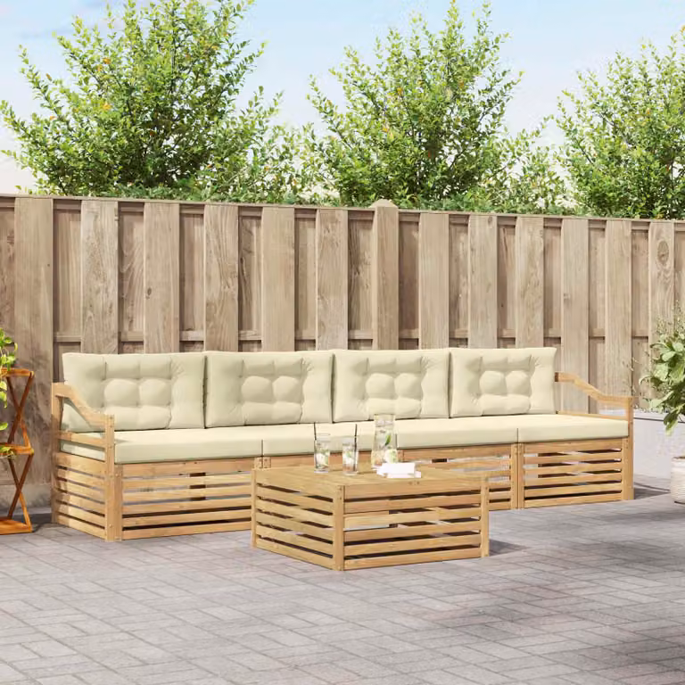 Set di divani da esterno vidaXL in legno di acacia con tavolo da caffè, 5 pezzi, Bianco e Beige