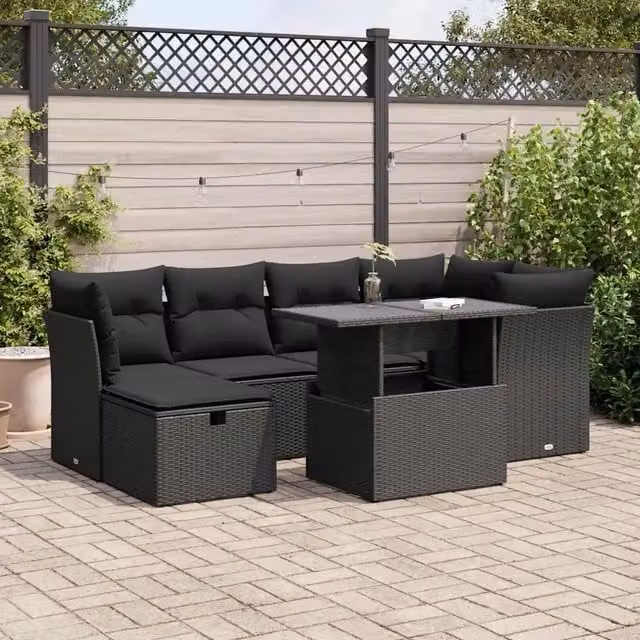Set Divani da Giardino con Cuscini 7pz Nero Polyrattan 3327775