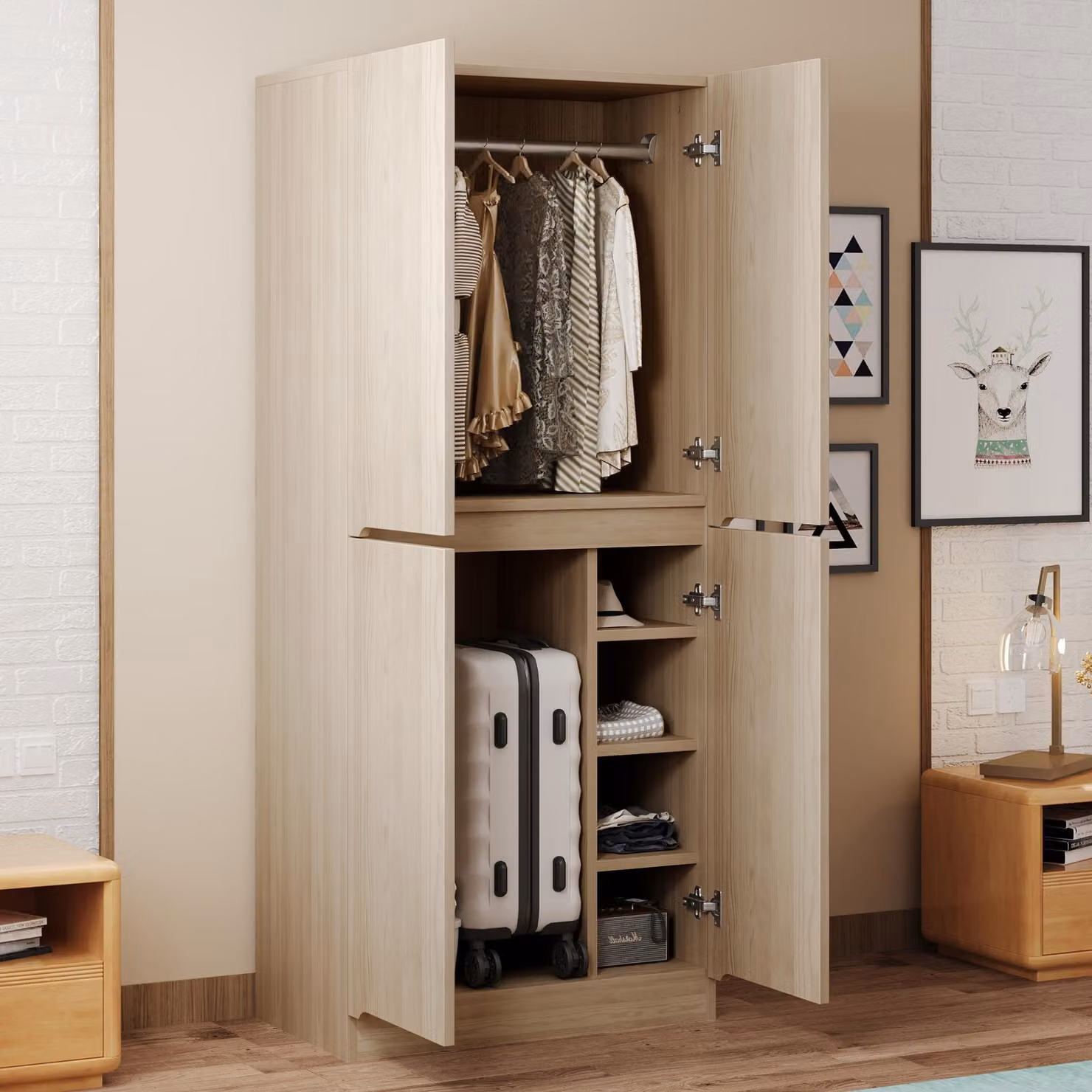 MODFU Armadio a due ante, guardaroba con ampio spazio di archiviazione, armadio per la biancheria con ripiani multipli, finitura liscia, decoro in legno