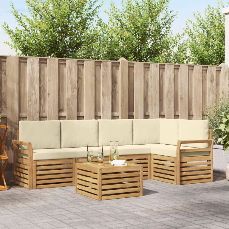 vidaXL Set di divani da esterno 6 pz in legno di acacia con cuscini Bianco e Beige