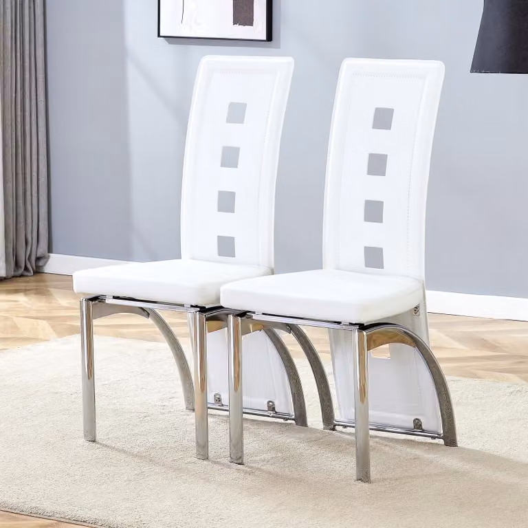 Set di 2 sedie da pranzo, motivo a fori, rivestimento in ecopelle, gambe in metallo, altezza 102,5 cm (bianco e argento)