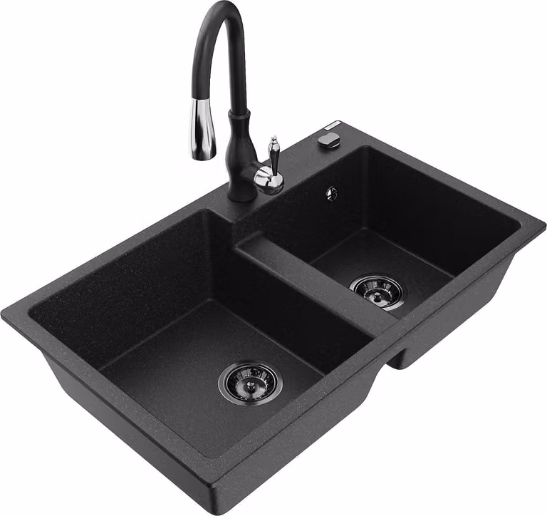 Mexen Tomas lavello in granito a 2 vasche con miscelatore da cucina Savita, nero/argento metallizzato - 6516-73-672601-70-B