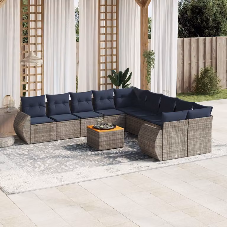 Set di divani da giardino vidaXL in polyrattan grigio con 11 pezzi, tavolo da caffè e cuscini inclusi