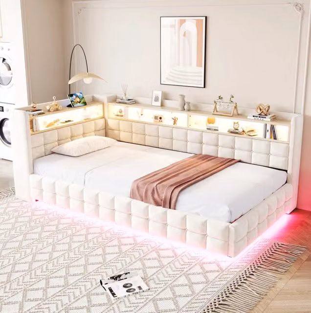 Letto divano 90x200 cm con vano contenitore idraulico; scaffali e LED imbottito beige
