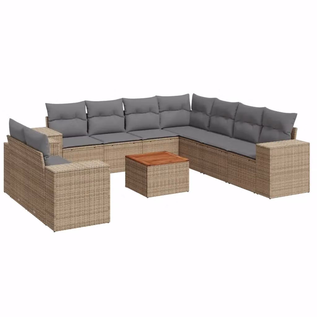 vidaXL Set Divano da Giardino a L 10 pz con Cuscini Beige e Tavolino in Polyrattan e Legno di Acacia – 2