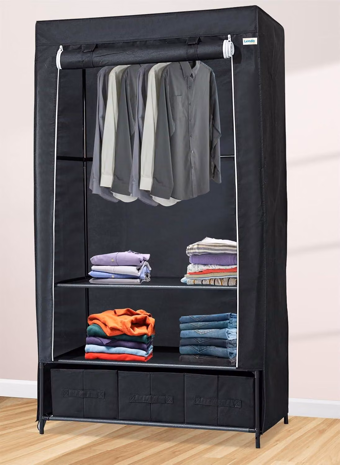Armadio pieghevole, dimensioni 90x47x163 cm, colore nero, con aste appendiabiti, ideale per la camera da letto