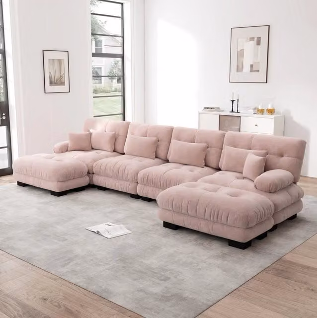 Divano modulare a U 406x145x81 cm chenille rosa, con ottomana mobile, per salotti grandi –