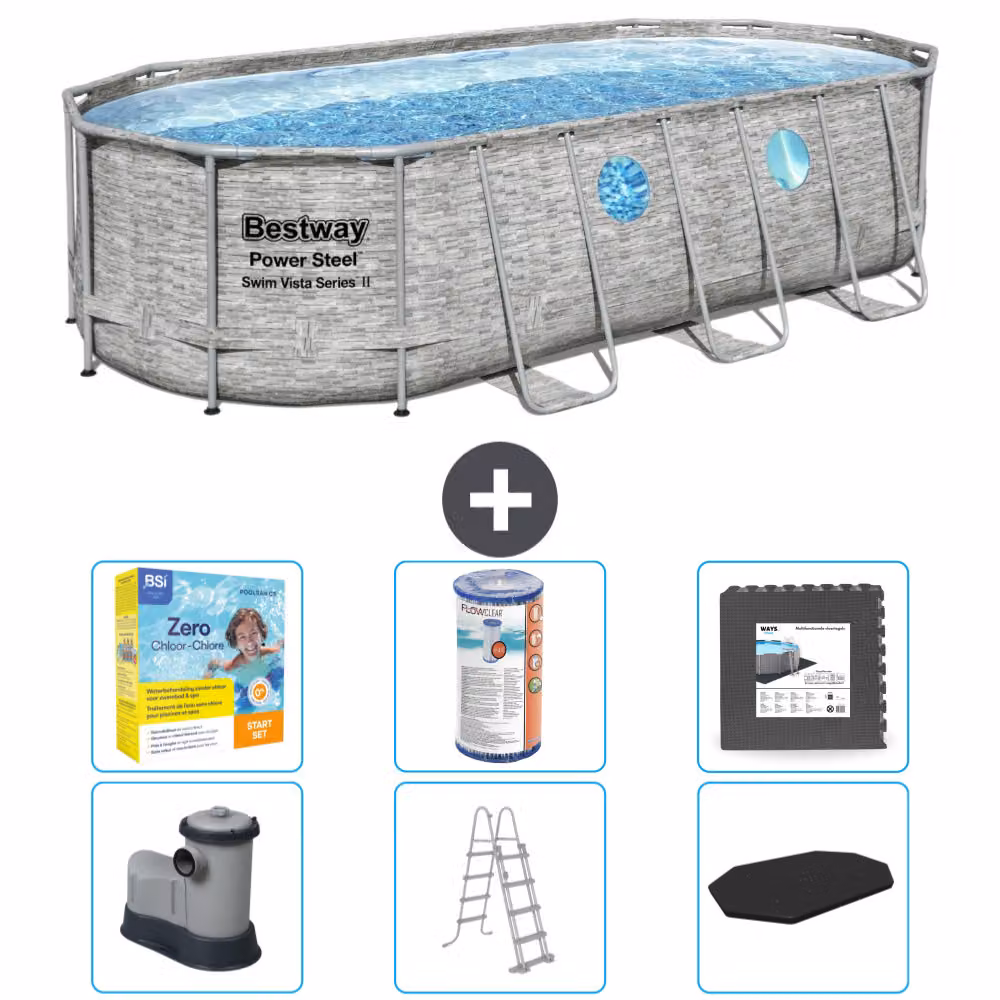 Piscina Bestway Oval Power Steel Swim Vista - stampa su pietra - 549 x 274 x 122 - inclusa pompa - scala - copertura pacchetto manutenzione - filtro - pavimento in piastrelle