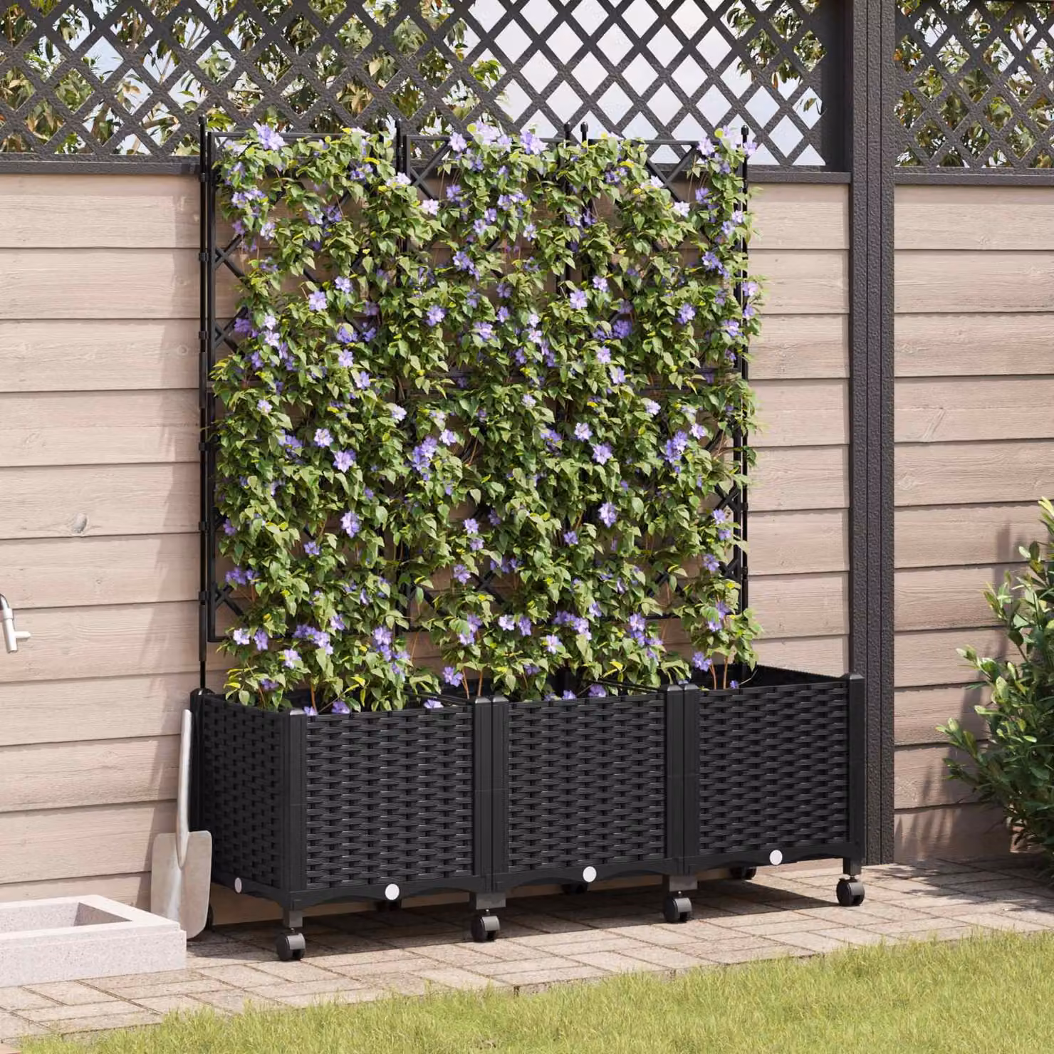 Set di 3 vasi da giardino con grigliato e ruote vidaXL in plastica nera