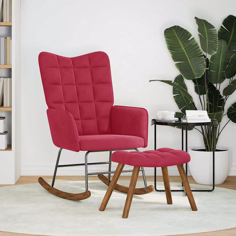 vidaXL Poltrona a Dondolo con Poggiapiedi in Velluto Rosso con Struttura in Legno e Metallo