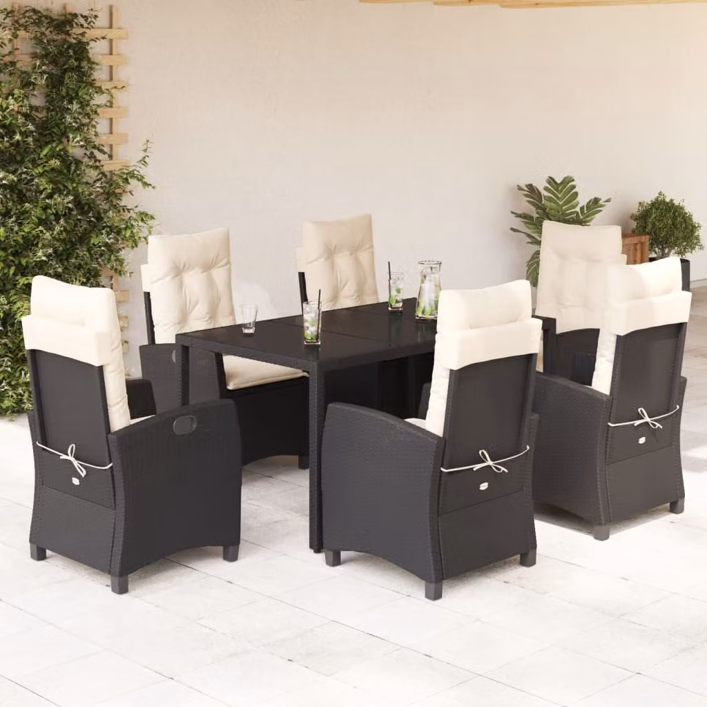 Set da Pranzo da Giardino vidaXL 7 pz in Polyrattan Nero con Piano in Vetro e Cuscini – 1